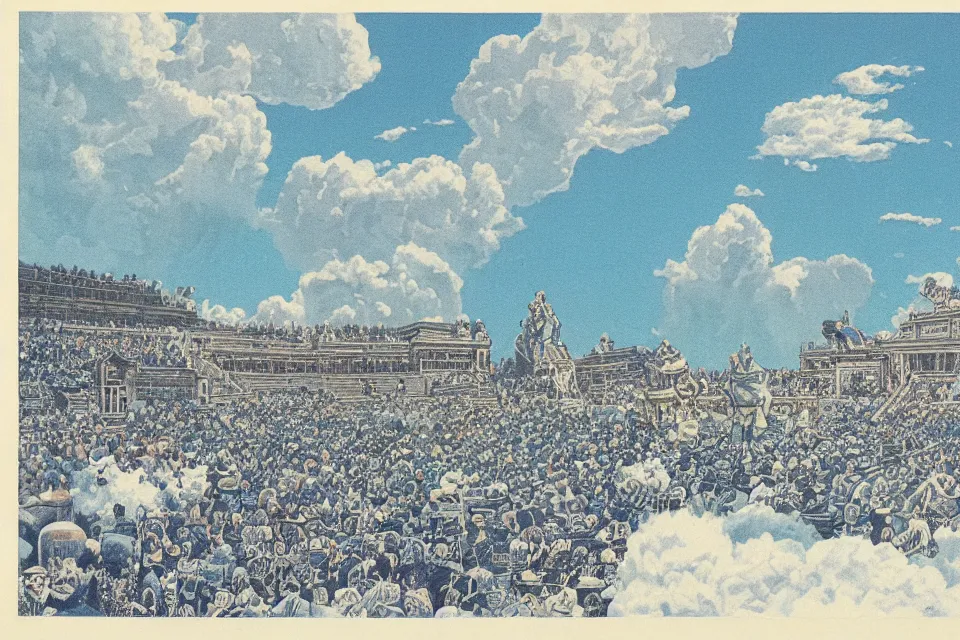 Prompt: a heaven court, floating on clouds in a bright blue sky, monumental, ordered, 1 9 7 0 s grainy vintage illustration, detailed, epic,