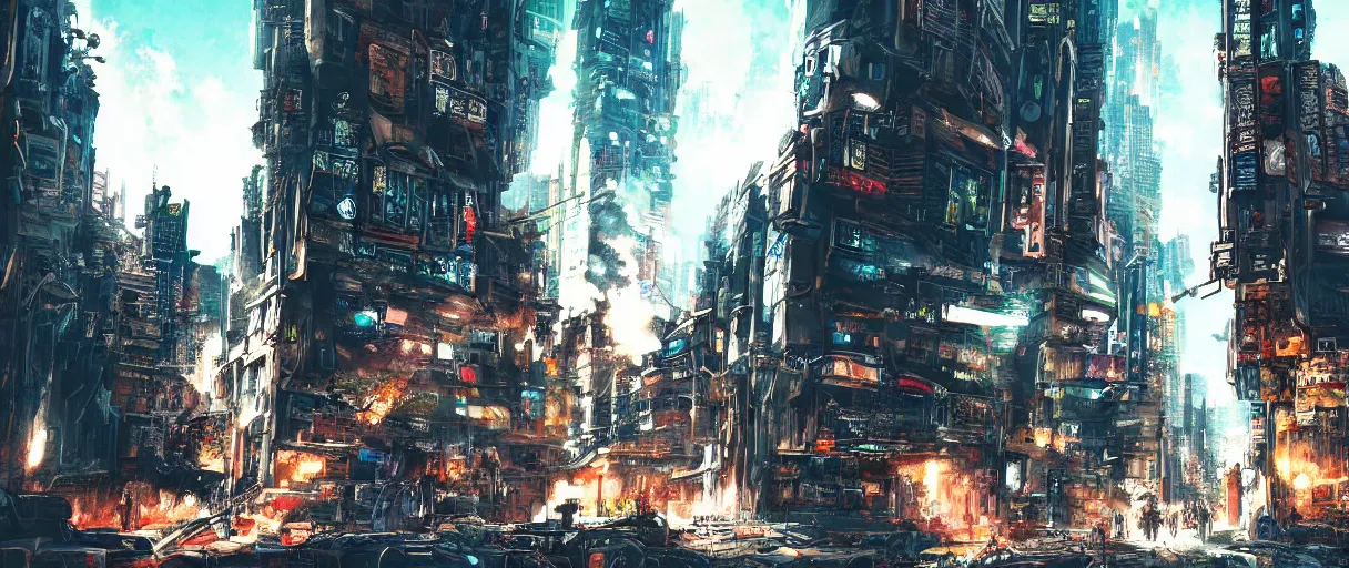 Prompt: a beautiful and detailed illustration of an explosion in a cyberpunk city in a canyon by , cinematic atmosphere, establishing shot