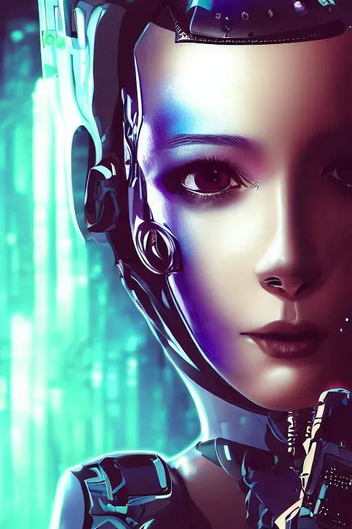 Image similar to a close - up portrait of a cyberpunk cyborg girl, by jean fouqet, rule of thirds