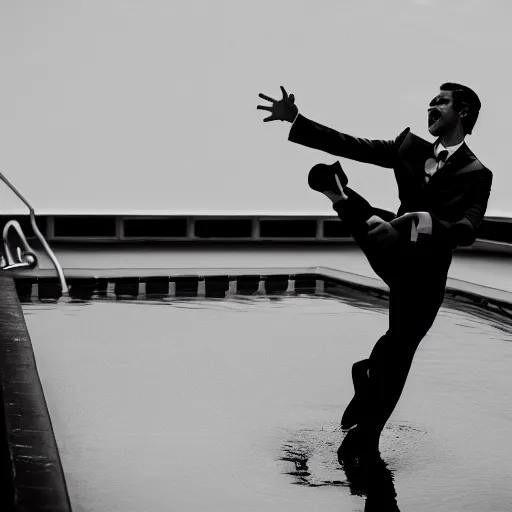 Image similar to a frog in a suit is in a pool, he is cheering, black-and-white, 50mm