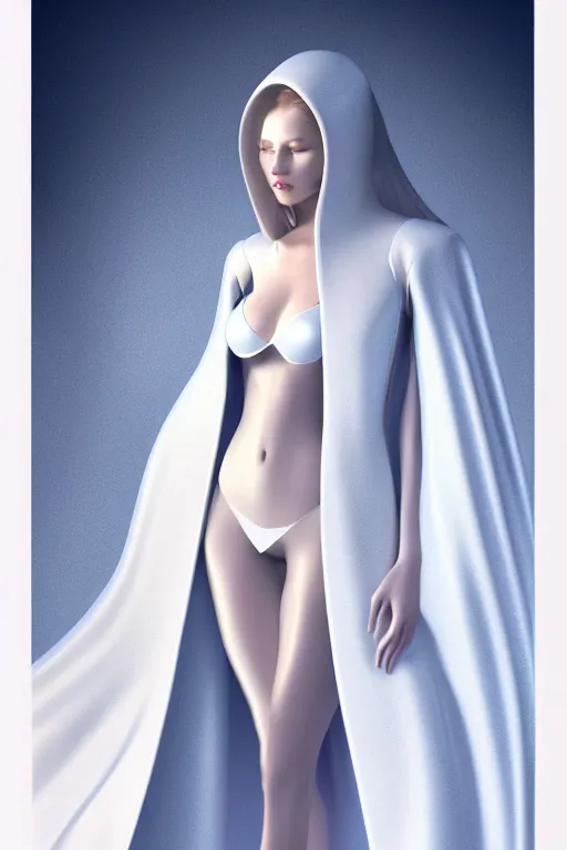 Prompt: photoshot detailed beautiful noun in opened white gold blue coat, seductive confident pose, attractive feminine curves, intricate details, futuristic, alien, elegant cape, elegant, photorealism, trending on artstation, sharp, holy halo, advanced technology, art by moebius and vitaly bulgarov and chanthara