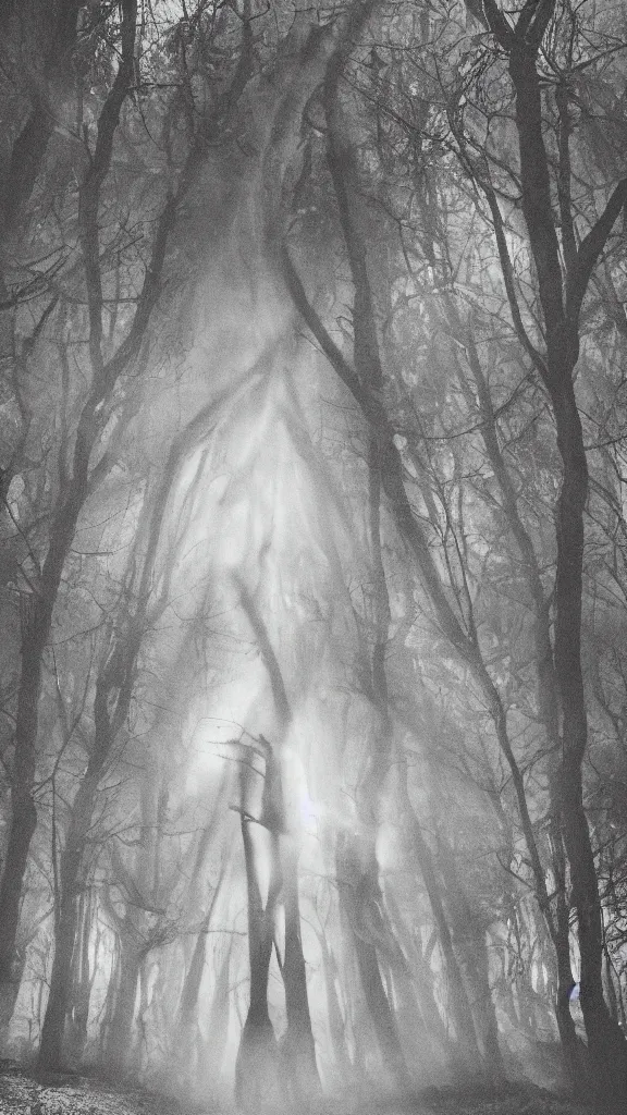 Prompt: photo of a mystical figure in occult robes in a dark misty forest opens a portal to hell, highly detailed, epic