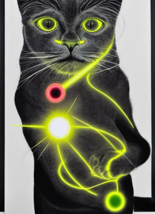 Image similar to futuristic laser beams tracing, laser cat, selkirk rex longhair, by steven meisel, kaws, rolf armstrong, mondrian, kandinsky, perfect geometry abstract acrylic, octane hyperrealism photorealistic airbrush collage painting, dark monochrome, fluorescent colors, minimalist rule of thirds, eighties eros