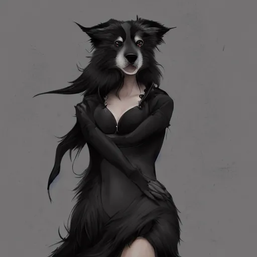 Image similar to wide angle beautiful full body portrait of a strong male anthropomorphic anthro border collie fursona wearing a black dress, character design by charlie bowater, henry asencio, and ross tran, furry art, furaffinity, beautiful, glamor pose, detailed, aesthetic, trending on artstation