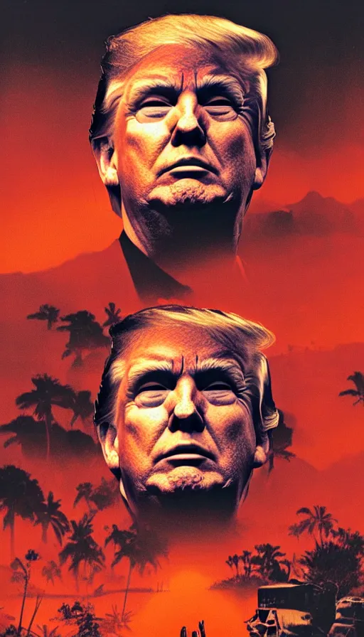Image similar to donald trump's face close up on the apocalypse now poster, red sunset, bending river in the jungle
