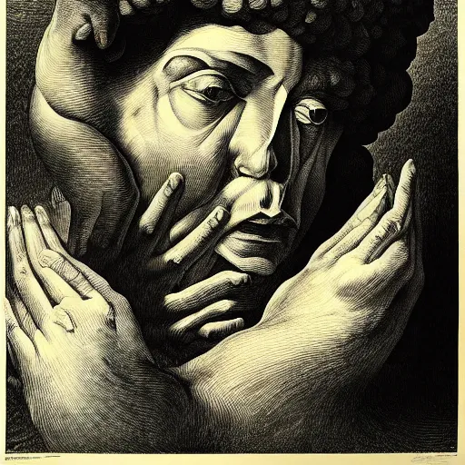 Prompt: lithography on paper weird conceptual figurative post - morden monumental dynamic portrait by goya and escher and hogarth, illusion surreal art, highly conceptual figurative art, intricate detailed illustration, controversial poster art, polish poster art, geometrical drawings, no blur