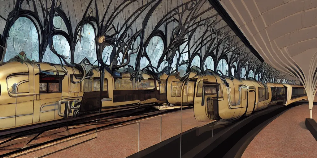 Image similar to retro streamline train in the shape of a cone covered with gothic ribs in the Art Nouveau and Gothic style, Warhammer style