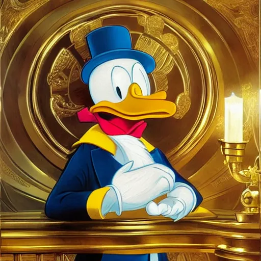 Image similar to Donald Duck meets Scrooge McDuck inside a room filled with gold pieces. Donald Duck wears a sailor suit and Scrooge McDuck wears a redingote and a top hat. Elegant, intricate, digital painting, artstation, concept art, smooth, sharp focus, illustration, art by artgerm and greg rutkowski and alphonse mucha