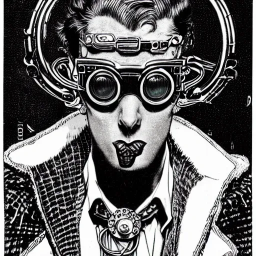 Image similar to a eccentric cybergoth guy wearing goggles and eclectic jewelry, small details, aesthetic!!!, by virgil finlay, by moebius,