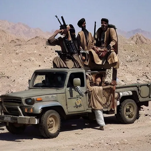 Image similar to the Taliban riding on top of Tow Mater with a mounted machine gun