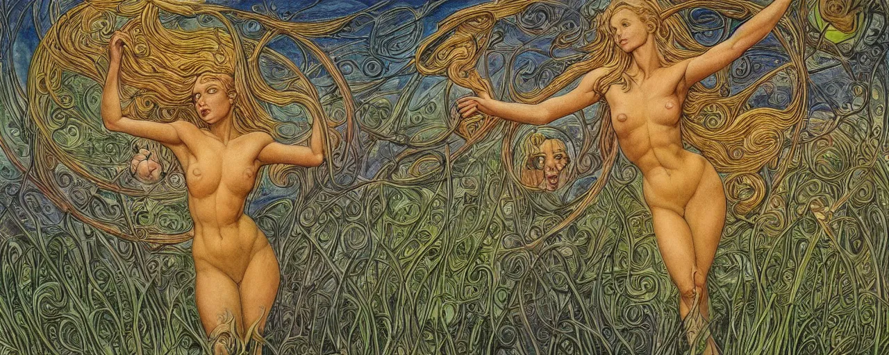 Prompt: most beautiful titanium sanguine riddle, maze of earthly grass pond in the style of william blake, terese nielsen, detailed, intricate, steve argyle, pastoral fantastic reality