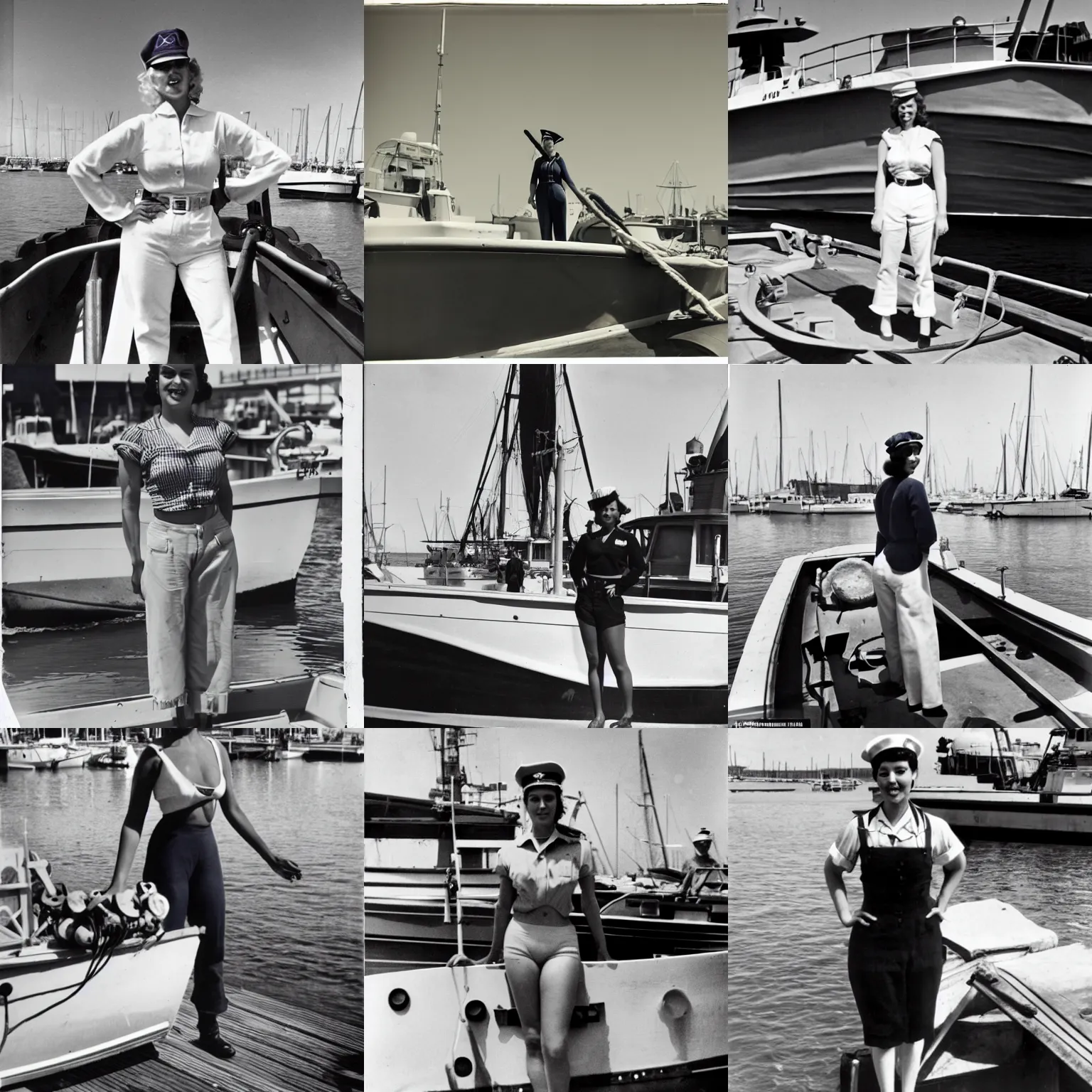 Prompt: navy sailor standing on boat in marina with other boats behind her, 1 9 4 5