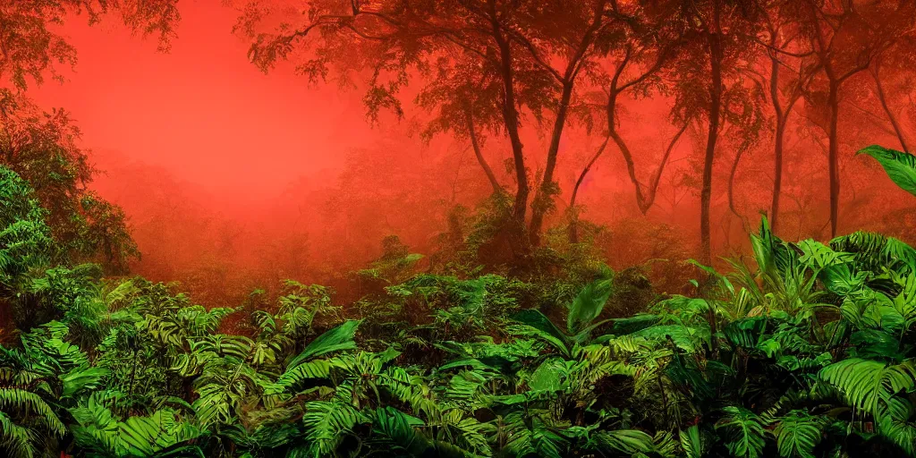 Image similar to a beautiful landscape of a foggy jungle, red and orange color scheme, hyperdetailed, vivid colors, photorealist, 4 k