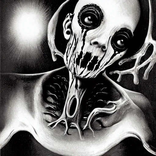 Image similar to a portrait of a creature from the beyond, body horror, by gerard brom and ansel adams