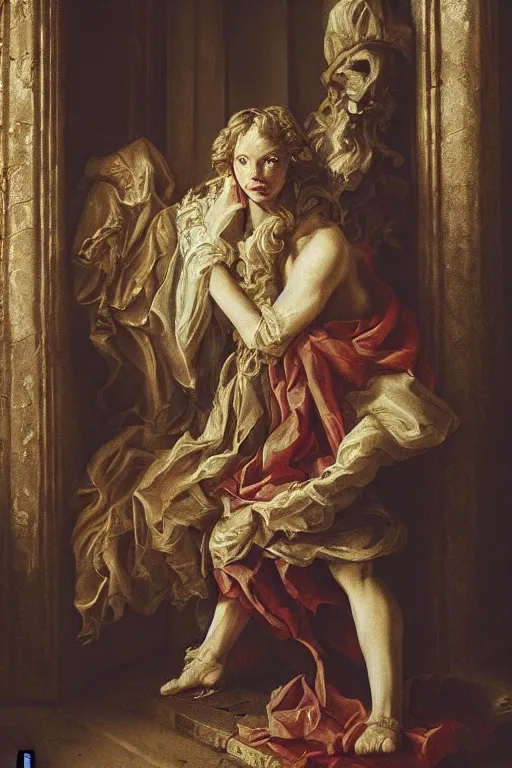 Image similar to the dweller on the threshold dramatic, elaborate emotive Baroque and Rococo styles to emphasize beauty as a transcendental, 8k image, ultra-realistic