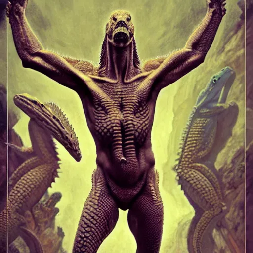 Image similar to fullbody!! dynamic action pose, jesus christ as a scaly cold blooded reptilian lizard crucified, intricate, lizard head, lizard head, humorous, holy cross, religious, absurd, highly detailed, digital painting, artstation, concept art, smooth, sharp focus, illustration, art by artgerm and greg rutkowski and alphonse mucha