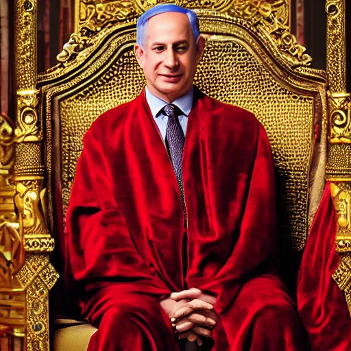 Image similar to portrait of Benjamin Netanyahu sitting on an ornate throne wearing a red furred cape and a crown grasping a royal ornate rod, vivid rich colors, ambient lighting, dynamic lighting, official media, HQ, detailed