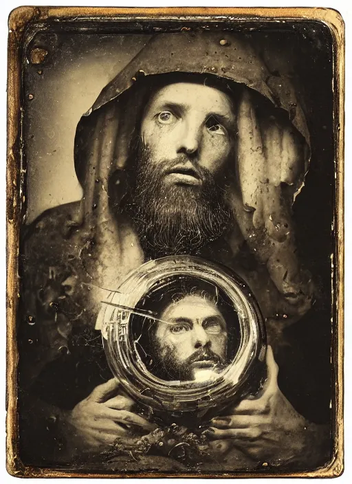 Image similar to old wetplate daguerreotype portrait of birth of jezus, explosion of data fragments, fractal, intricate, elegant, highly detailed, parallax, leica, medium format, subsurface scattering, by jheronimus bosch and greg rutkowski and louis jacques mande daguerre