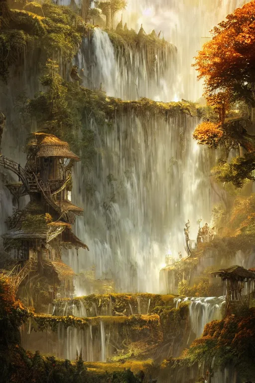 Prompt: wooden elven City with golden roofs, on top of a WATERFALL in the fall, gnarly trees, lush vegetation, forrest, a small stream runs beneath the waterfall, landscape, raphael lacoste, eddie mendoza, alex ross, john howe, concept art, matte painting, highly detailed, rule of thirds, dynamic lighting, cinematic, detailed, denoised, centerd