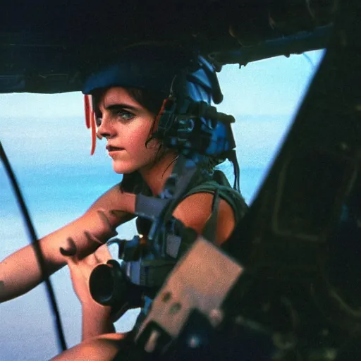 Prompt: film still, extreme far view, emma watson, in bell huey, door gunner, machine gun, tracer rounds, apocalypse now, associated press, 2 6 mm, kodak ektachrome, blue tint expired film,