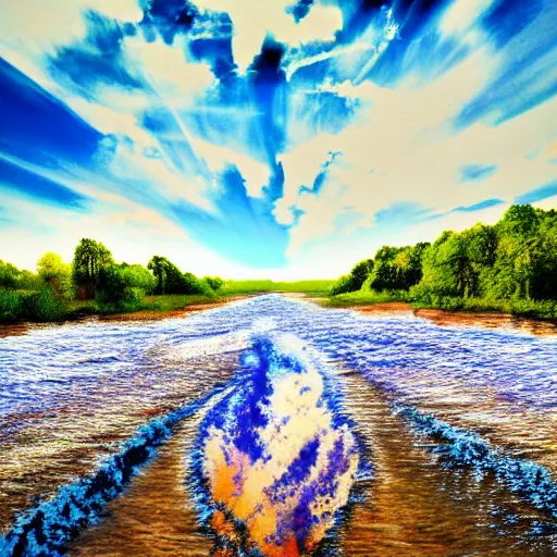 Image similar to last drop of the last river evaporating in slow motion, blue sunny sky, saturated colors, hyper detailed photorealistic