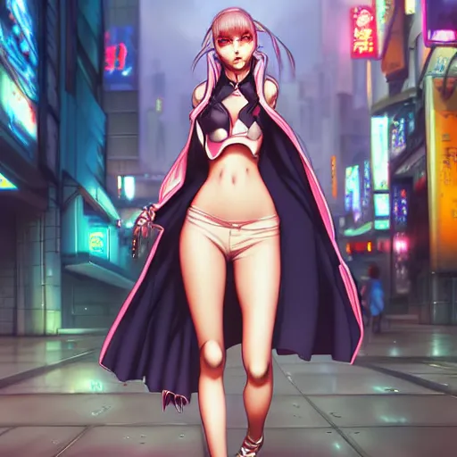 Image similar to anime girl walking into the streets of a cyberpunk city , by artgerm, by krenz cushart, by peter kemp, by ross tran