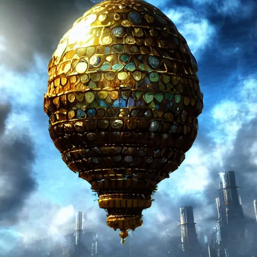 Image similar to enormous flying city in a faberge egg encircled by giant metallic petals, cloudy sky background, steampunk, fantasy art, masterpiece, unreal engine