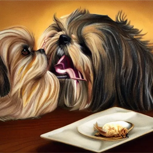 Image similar to golden shih tzu feeding on zombie corpse, photorealism