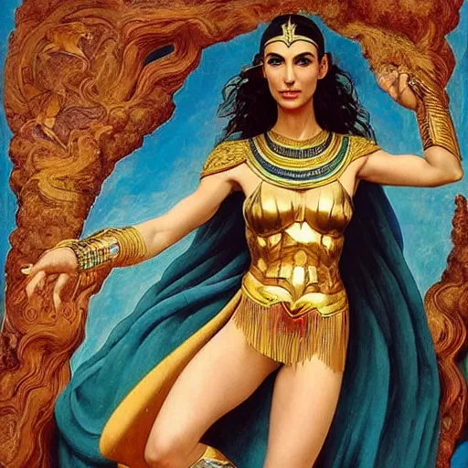 Image similar to Full body oil painting of the beautiful goddess Gal Gadot, she is egyptian, she is wearing a strophion and a surreal ornate, her hair is natural disheveled, she is approaching heaven over the clouds, naturalism, dramatic lighting, high-detailed oil painting by Ilya Repin, Michelangelo da Caravaggio, William Blake, Alex Grey and Beksinski, trending on Artsation, hystorical painting, naturalism, masterpiece, 4k, 8k,