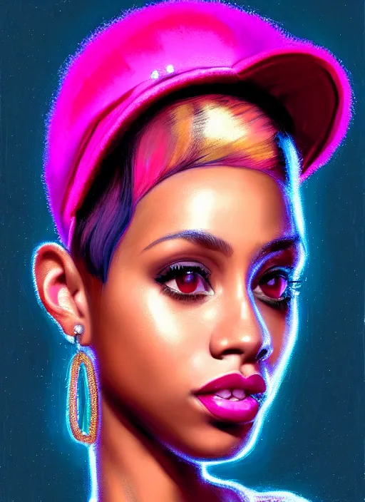 Image similar to portrait of young vanessa morgan with bright pink hair, black girl, vanessa morgan, curly pixie cut hair, wearing newsboy cap, newsboy cap, hoop earrings, intricate, elegant, glowing lights, highly detailed, digital painting, artstation, concept art, smooth, sharp focus, illustration, art by wlop, mars ravelo and greg rutkowski