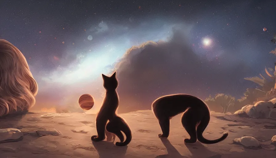 Prompt: black cat and brown dog looking at the stars together, hyperdetailed, artstation, cgsociety, 8 k