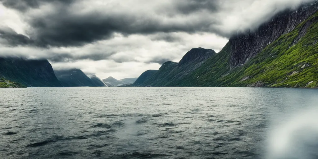 Prompt: Norwegian fjord in summer, epic landscape, dramatic clouds, cinematic lighting,