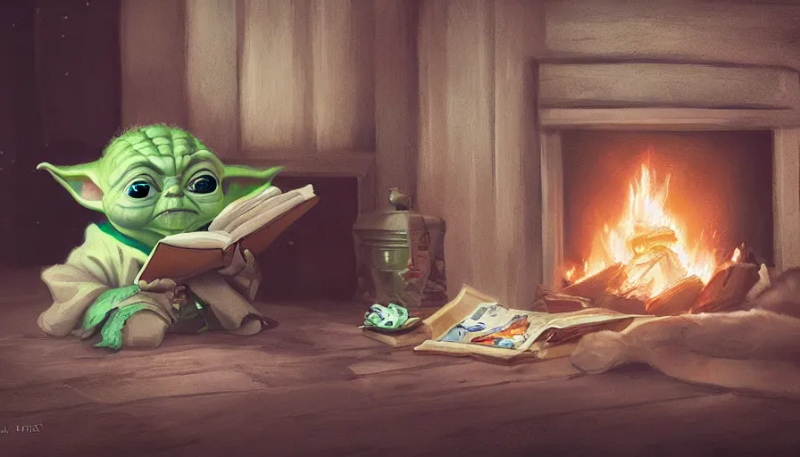 Image similar to baby yoda reading book near the fireplace in the chalet, hyperdetailed, artstation, cgsociety, 8 k