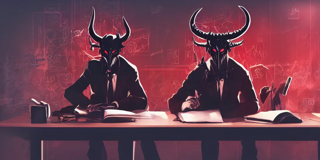 Image similar to dark lord sitting at desk large horns and suit, medium shot, portrait, semi realistic anime, red demon cyberpunk symbols