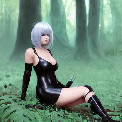 Prompt: full body portrait of 2 b nier automata wearing a skintight dress in a forest, large thighs, perfect face, intricate, elegant, highly detailed, digital painting, artstation, smooth, sharp focus, illustration, art by artgerm and greg rutkowski and alphonse mucha, 8 k