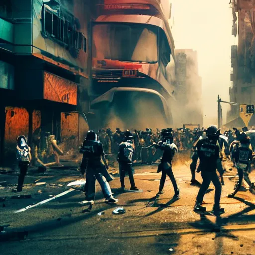 Prompt: photograph of a riot in a cyberpunk city street