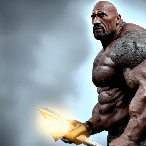 Image similar to a digital art portrait of dwayne johnson as grey stone golem barbarian with warhammer, dnd character concept, 4 k, ultra detail, volumetric lighting, unreal engine, octane render