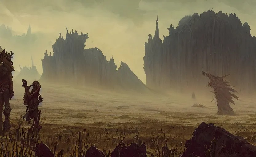 Image similar to flat wastelands, isolated rock spikes, greg rutkowski, brom, james gurney, mignola, craig mullins, alan lee, gustave mucha