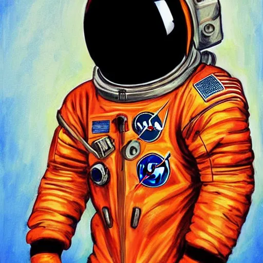 Prompt: An astronaut wearing an orange NASA space suit, art by cornelius dämmrich, trending on ,