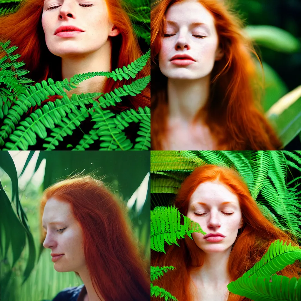 Prompt: An analog head and shoulder frontal face portrait photography of a redhead woman behind multiple big fern leaves by Annie Leibovitz. Long hair. eyes closed. Agfa Vista 800 film. Sunshine. detailed. hq. realistic. Rembrandt light style. warm light. muted colors. lens flare. photoreal. Bloom and glare. Leica M9. canon EOS R3, f/1.4, ISO 200, 1/160s, 8K, RAW, unedited, symmetrical balance, in-frame