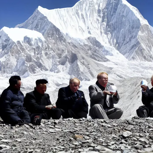 Prompt: kim jong - un, president joe biden, boris johnson, and vladimir putin enjoying earl grey tea at mount everest base camp, minimalist