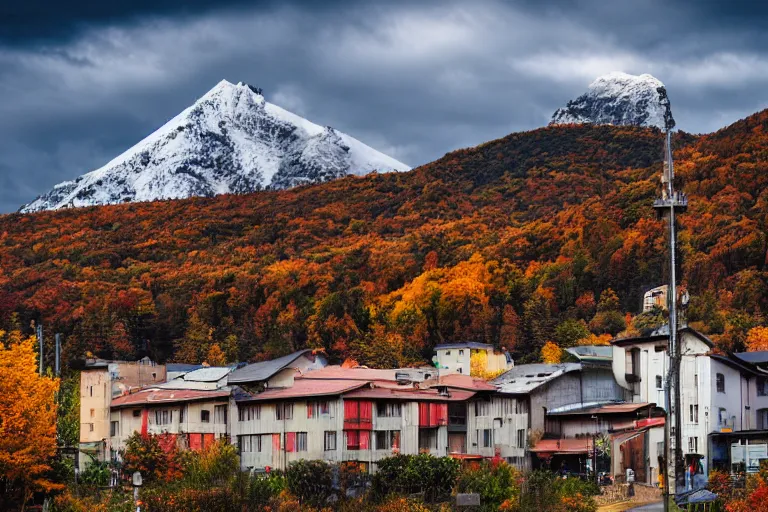 Image similar to warehouses lining a street, with an autumn mountain directly behind, radio tower on mountain, lens compressed, photography