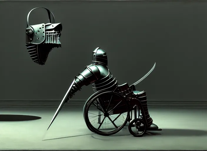 Image similar to knight in armor in a wheelchair do tricks, minsk, highly detailed, soft lighting, elegant, works by edward hopper and james gillard, zdislaw beksinski, stephen outram, andreas m wiese, highly detailed, masterpiece. rendered in blender, smooth shadows, ultra detail, high resolution, unreal 6, 8 k