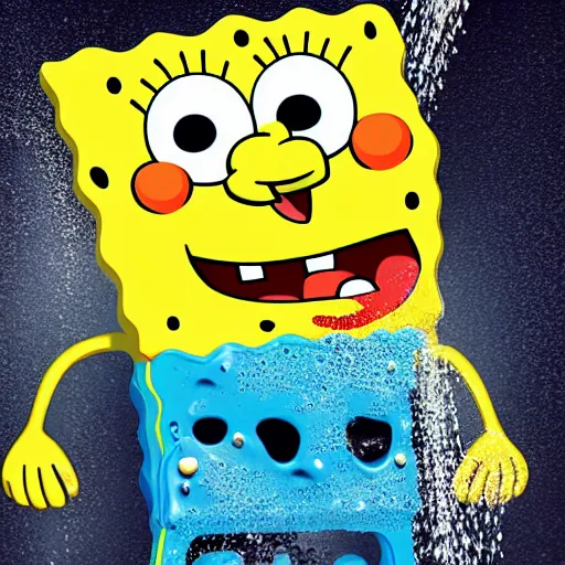 Prompt: spongebob standing in large shower, 4 k realistic photo