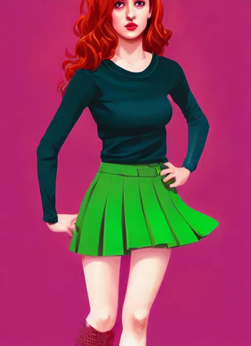 Image similar to full body portrait of teenage cheryl blossom, bangs, green eyes, sultry expression, red hair, sultry smirk, bangs and wavy hair, pink skirt, bangs, intricate, elegant, glowing lights, highly detailed, digital painting, artstation, concept art, smooth, sharp focus, illustration, art by wlop, mars ravelo and greg rutkowski