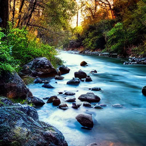 Image similar to a beautiful landscape, river, rocks, trees, iridescent lights