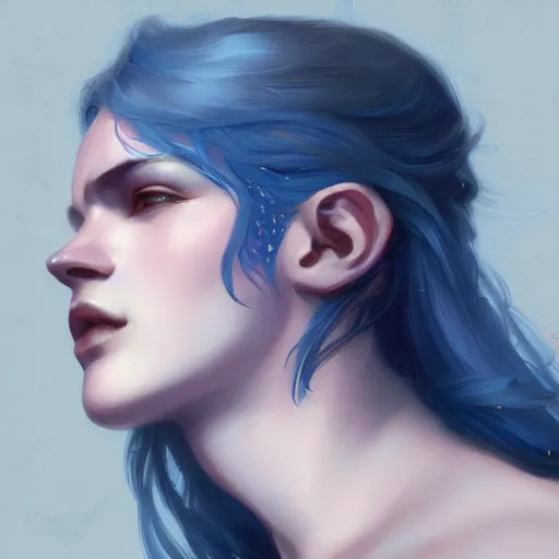 Image similar to young boy, blue hair, gorgeous, amazing, feminine, elegant, intricate, highly detailed, digital painting, artstation, concept art, sharp focus, portrait, illustration, art charlie bowater and Ross tran