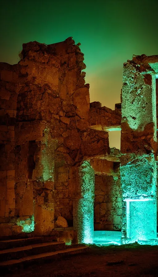 Image similar to ancient ruins editorial photograph, dark lighting, glowing neon lighting