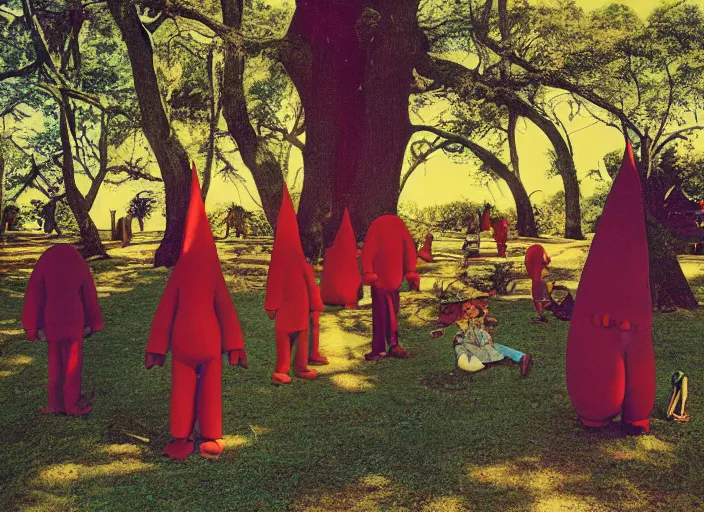 Prompt: dramatic color photo of dadcore occult wizards on vacation at pedroland park by basil wolverton by robert crumb by william eggleston by annie leibovitz, detailed and creepy, fujifilm velvia 5 0, color photography, sigma 2 8 mm