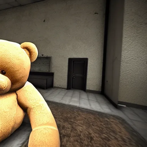 Prompt: a screenshot of a teddy bear inside a counter strike game, the teddy bear is holding a gun, super resolution, 8k